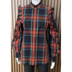 J.Crew Women's XS Plaid Ruffle High Neck Button Top Red Blue Cotton Long Sleeve
